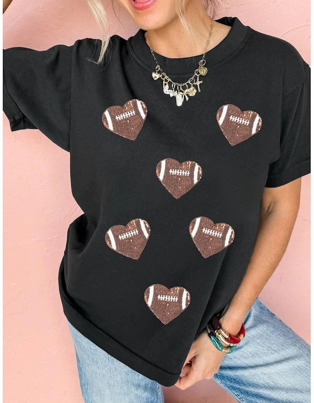 Black Rugby Football Sequin Heart Patched Graphic Tee