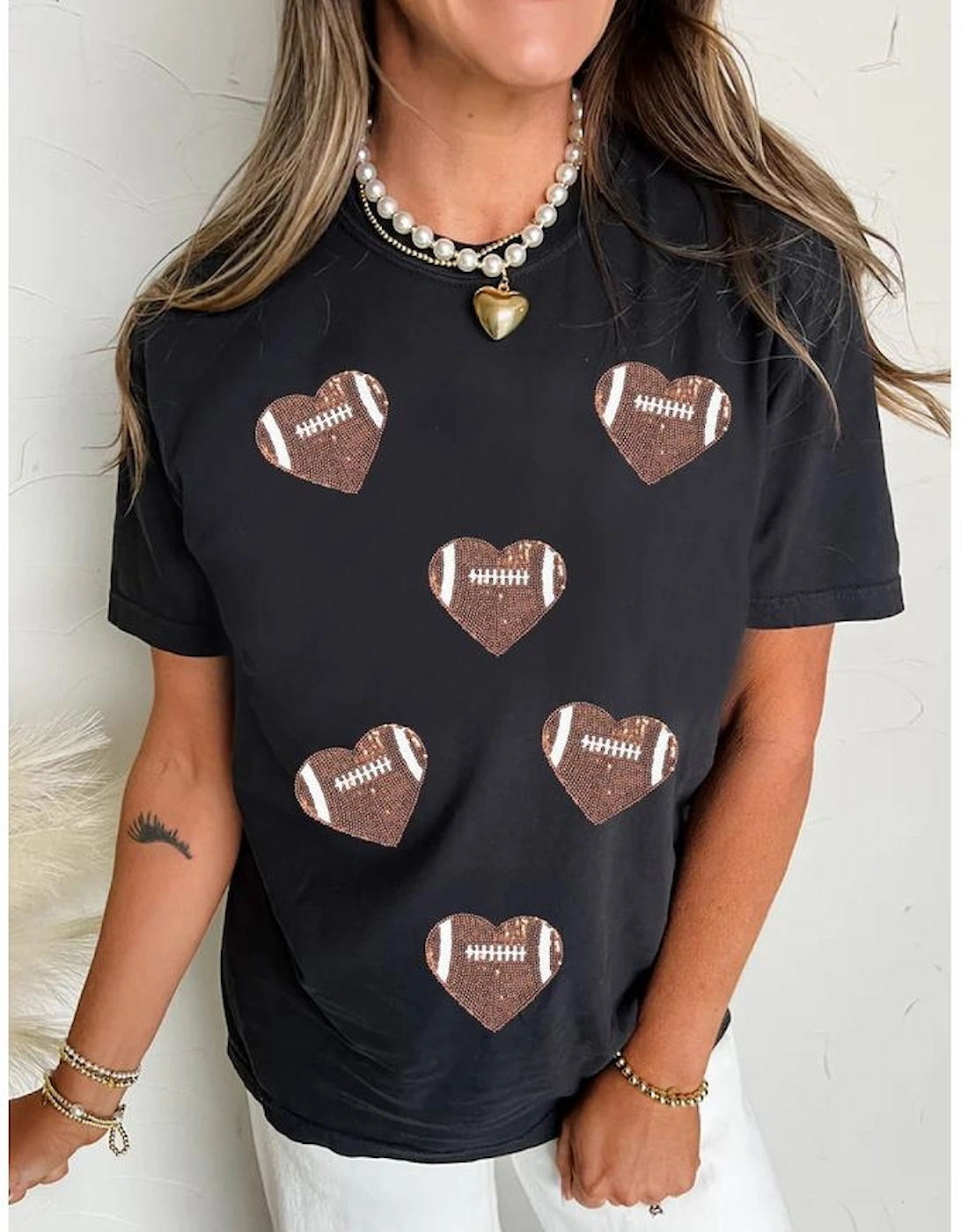 Black Rugby Football Sequin Heart Patched Graphic Tee, 6 of 5