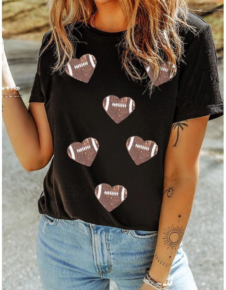 Black Rugby Football Sequin Heart Patched Graphic Tee