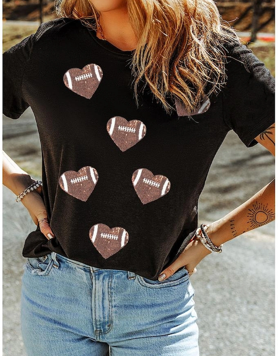 Black Rugby Football Sequin Heart Patched Graphic Tee