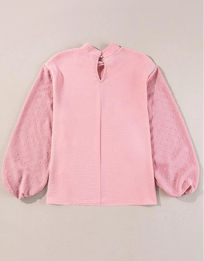 Gossamer Pink Swiss Dot Balloon Sleeve Loose Blouse