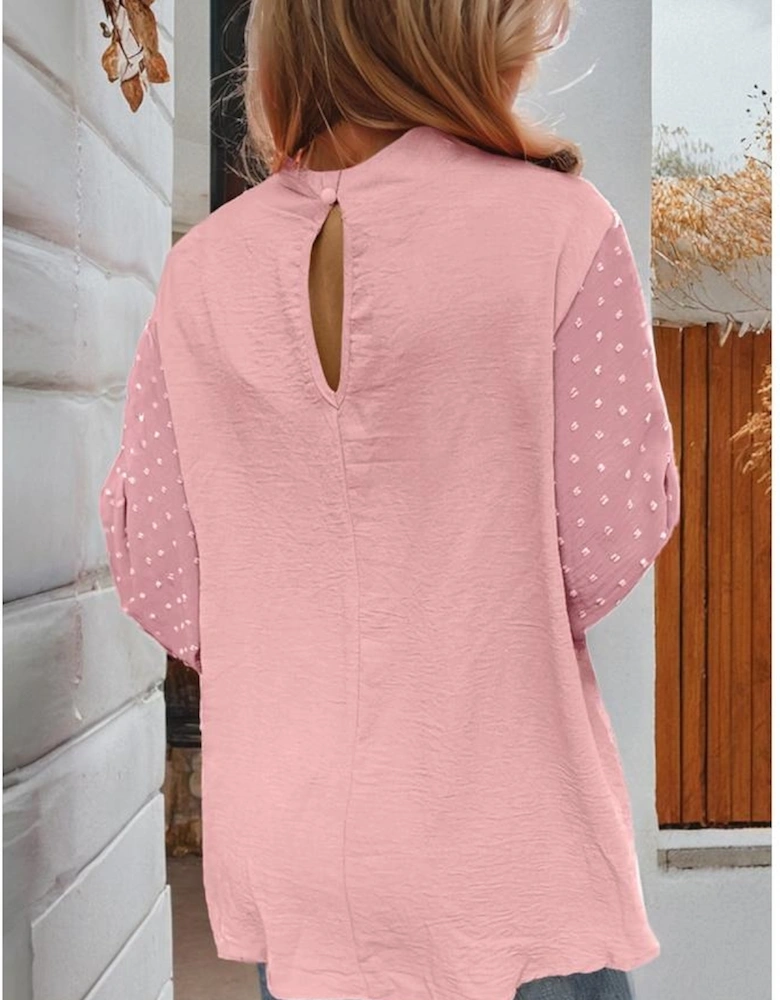 Gossamer Pink Swiss Dot Balloon Sleeve Loose Blouse