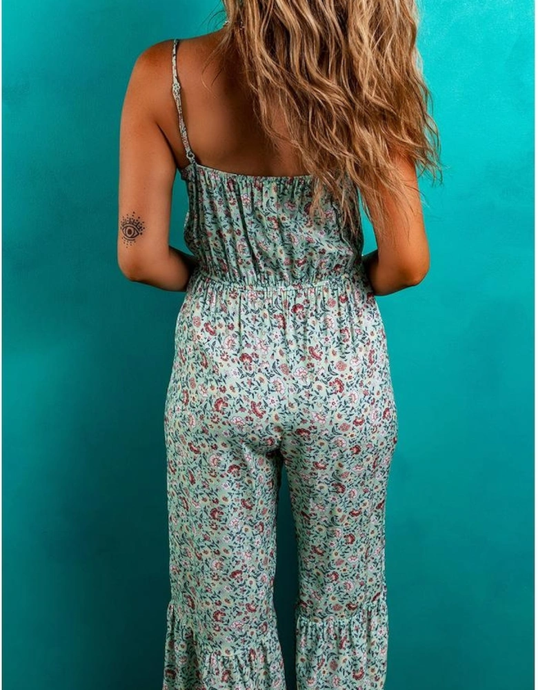 Green Bohemian Floral Ruffle Bottom Spaghetti Strap Jumpsuit