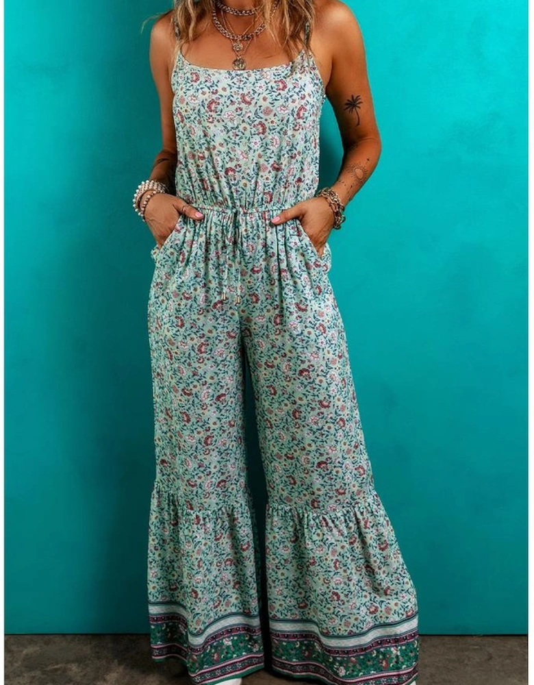 Green Bohemian Floral Ruffle Bottom Spaghetti Strap Jumpsuit