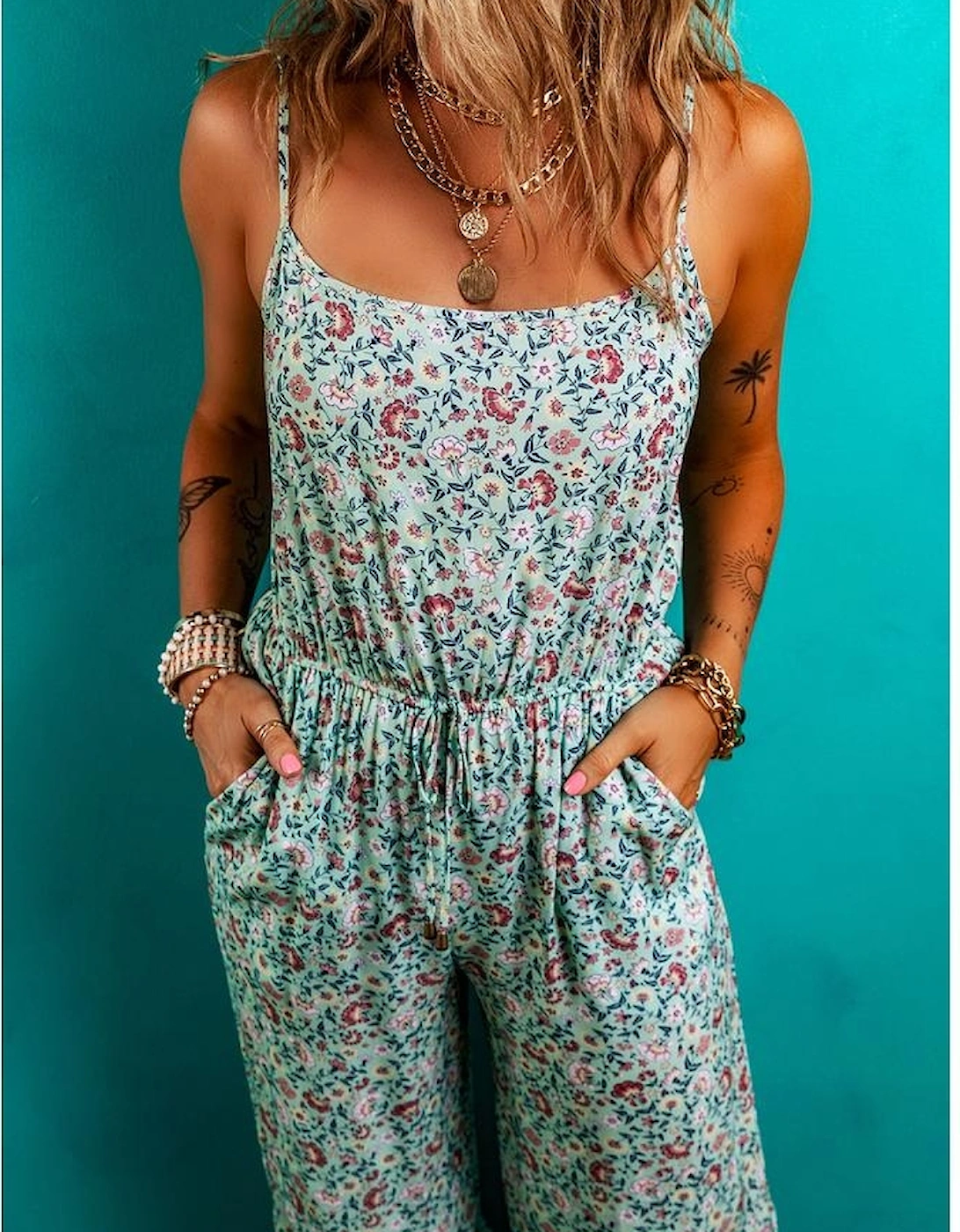 Green Bohemian Floral Ruffle Bottom Spaghetti Strap Jumpsuit