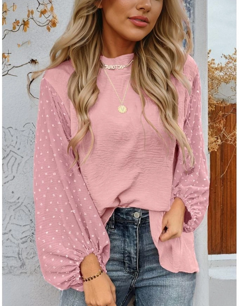 Gossamer Pink Swiss Dot Balloon Sleeve Loose Blouse