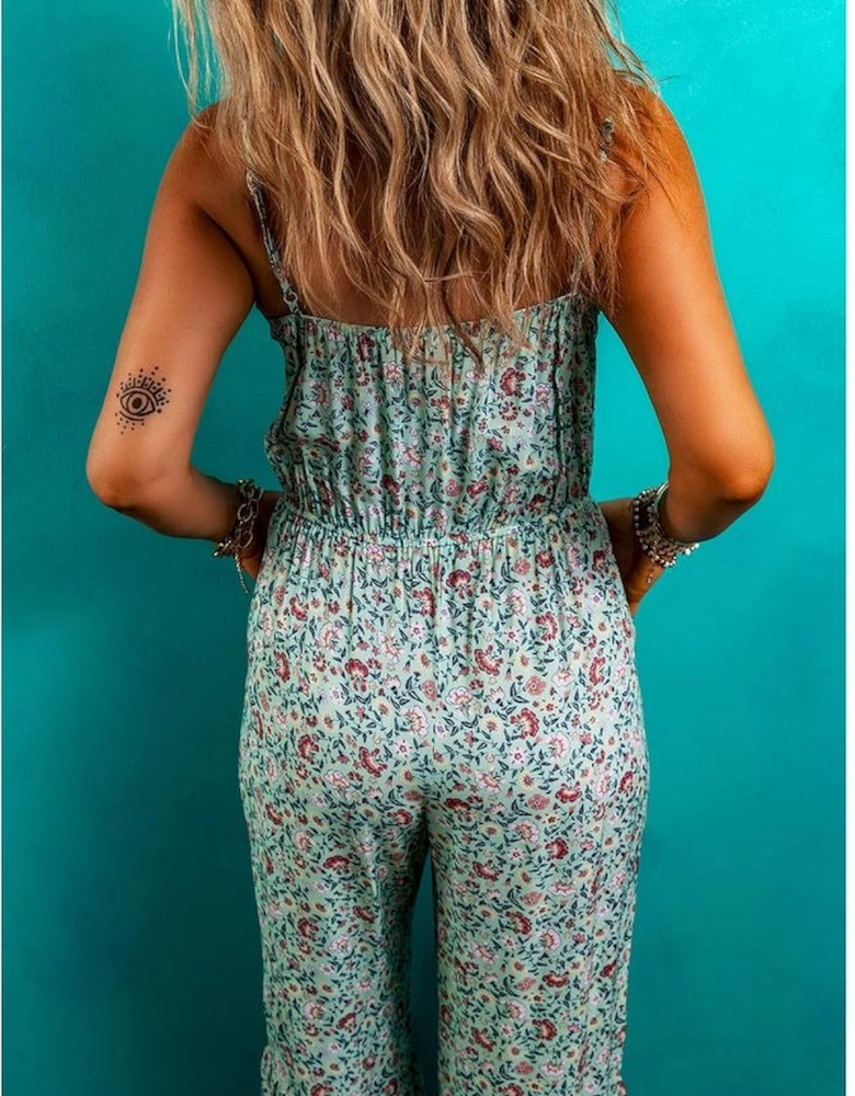 Green Bohemian Floral Ruffle Bottom Spaghetti Strap Jumpsuit