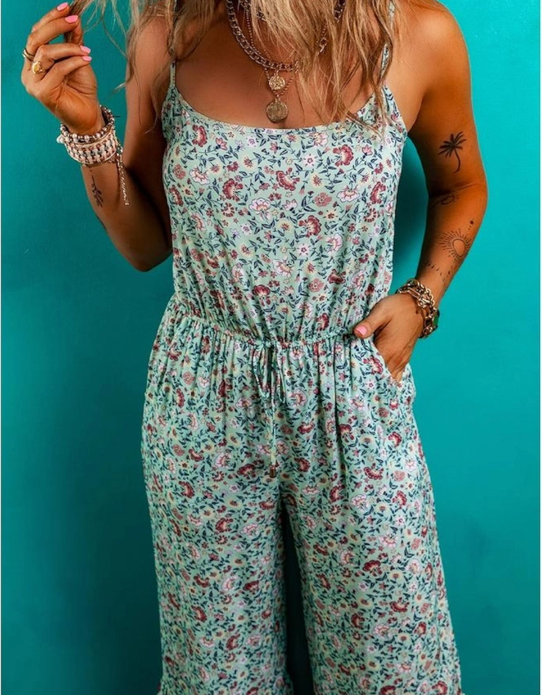 Green Bohemian Floral Ruffle Bottom Spaghetti Strap Jumpsuit
