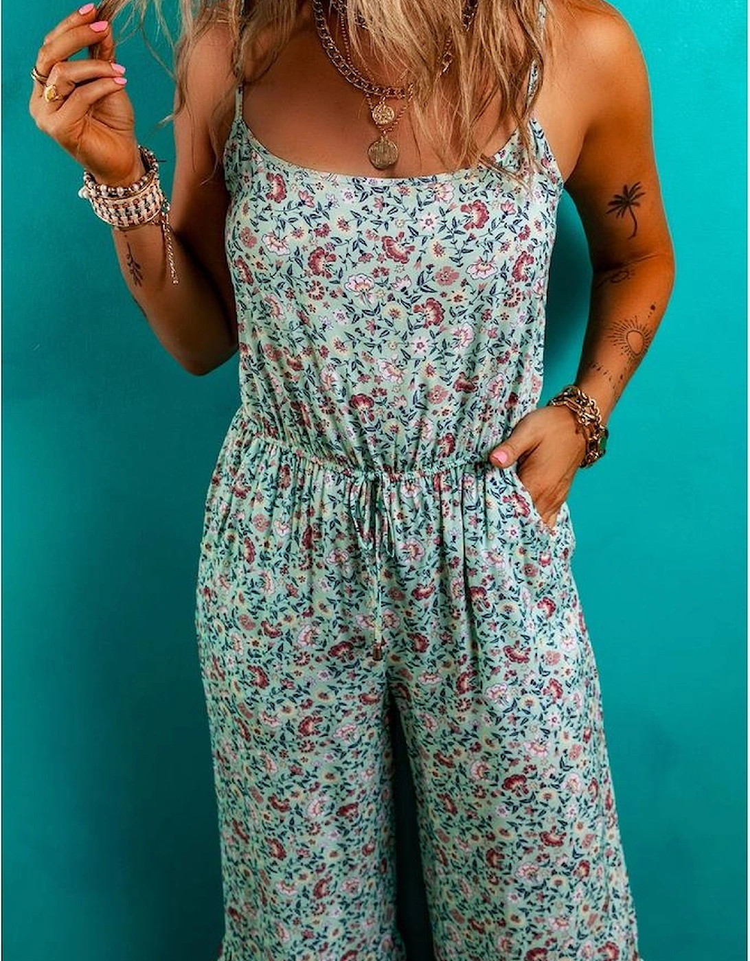 Green Bohemian Floral Ruffle Bottom Spaghetti Strap Jumpsuit
