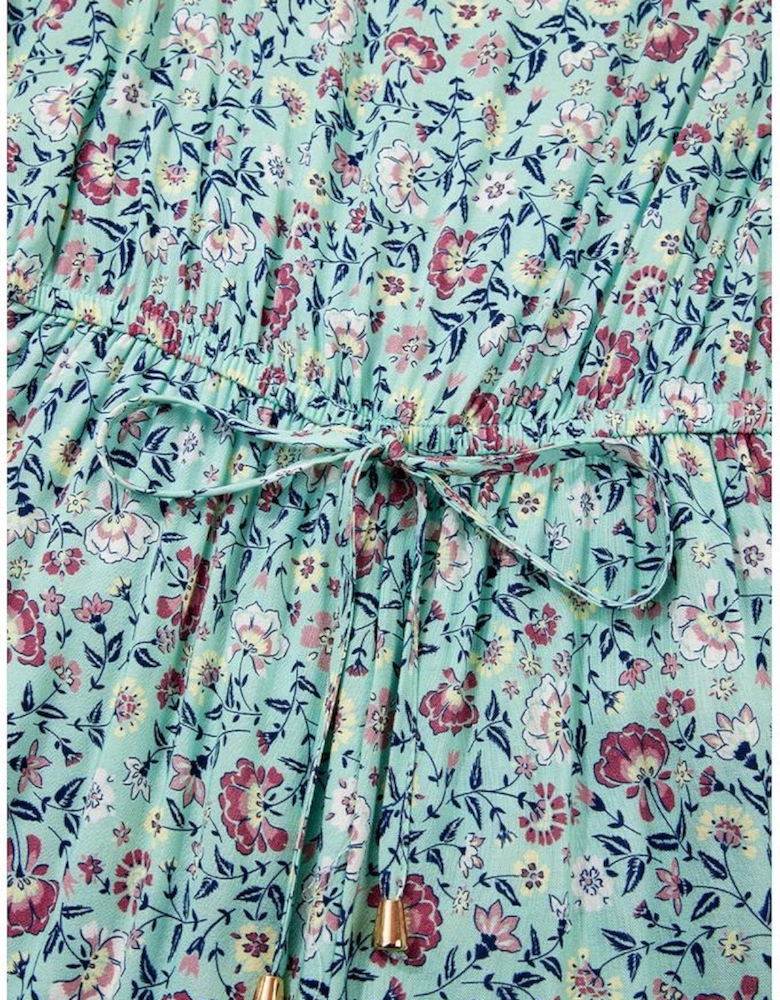 Green Bohemian Floral Ruffle Bottom Spaghetti Strap Jumpsuit