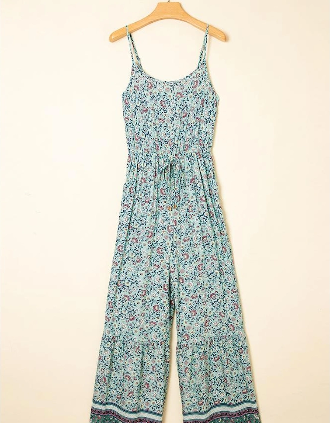 Green Bohemian Floral Ruffle Bottom Spaghetti Strap Jumpsuit