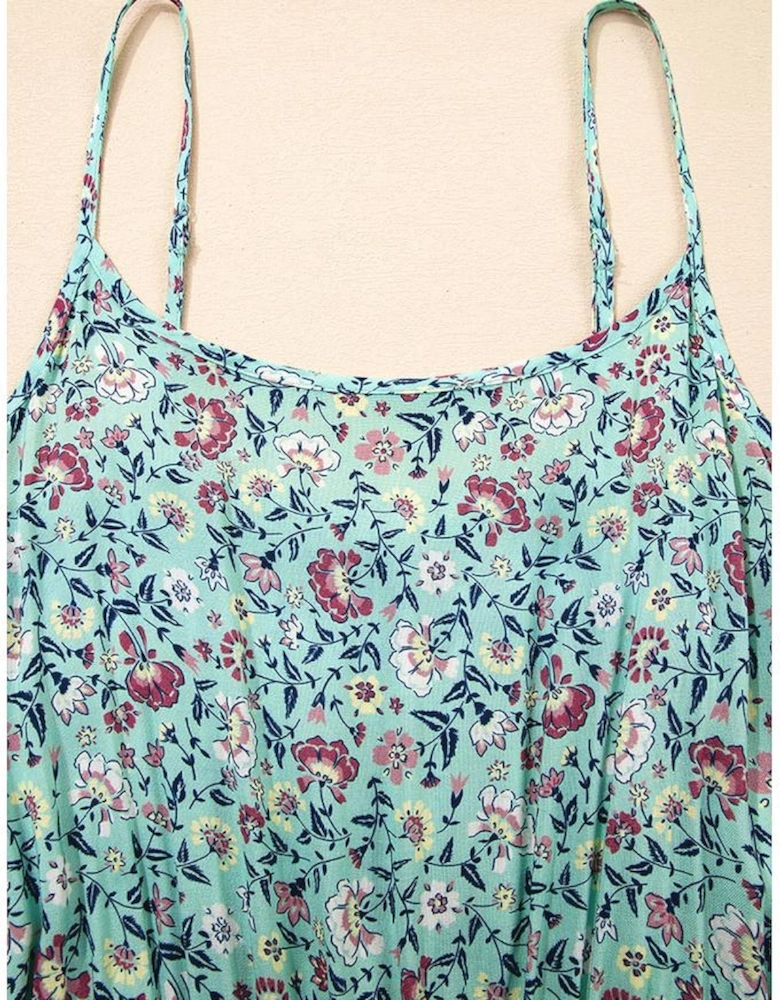 Green Bohemian Floral Ruffle Bottom Spaghetti Strap Jumpsuit