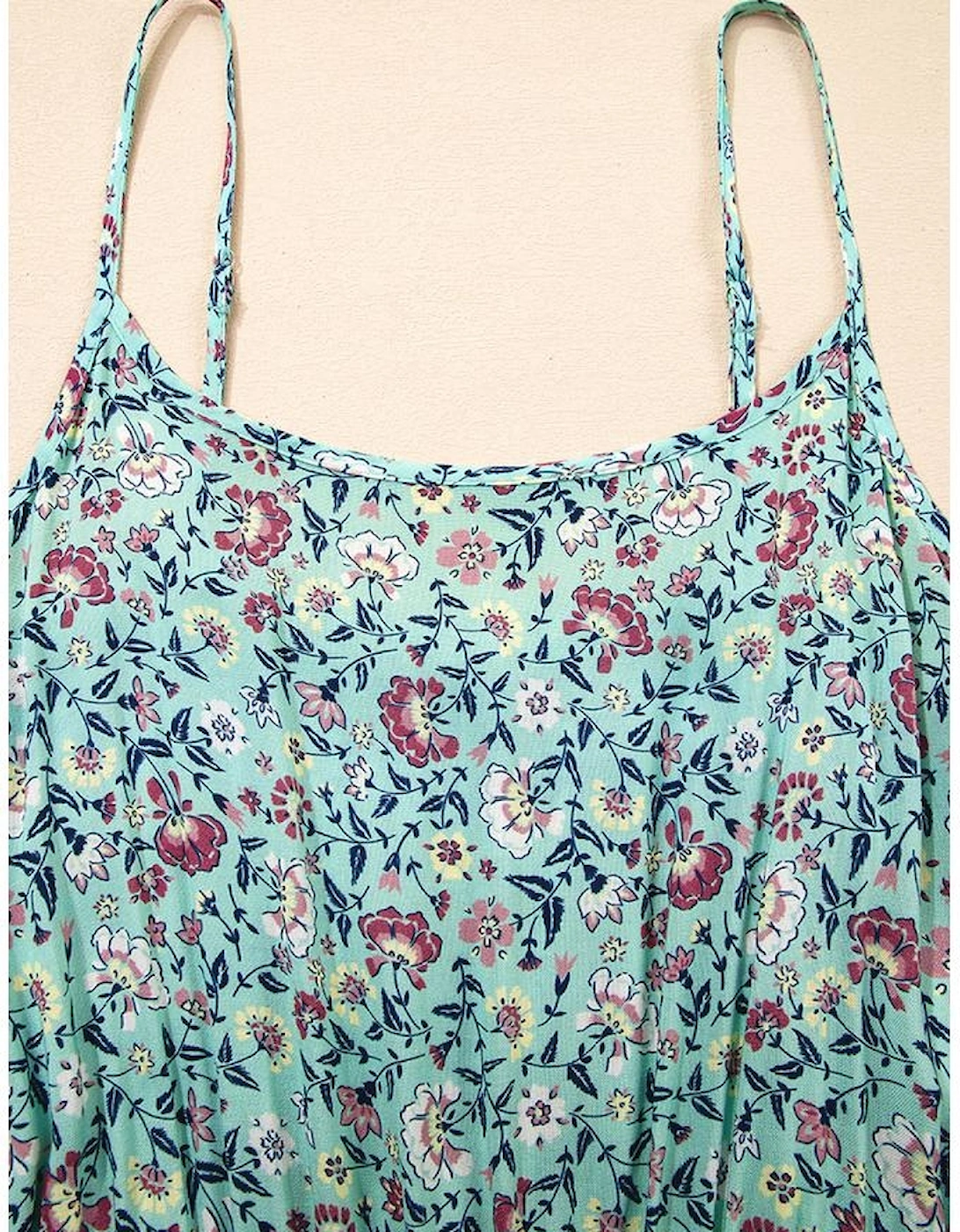 Green Bohemian Floral Ruffle Bottom Spaghetti Strap Jumpsuit