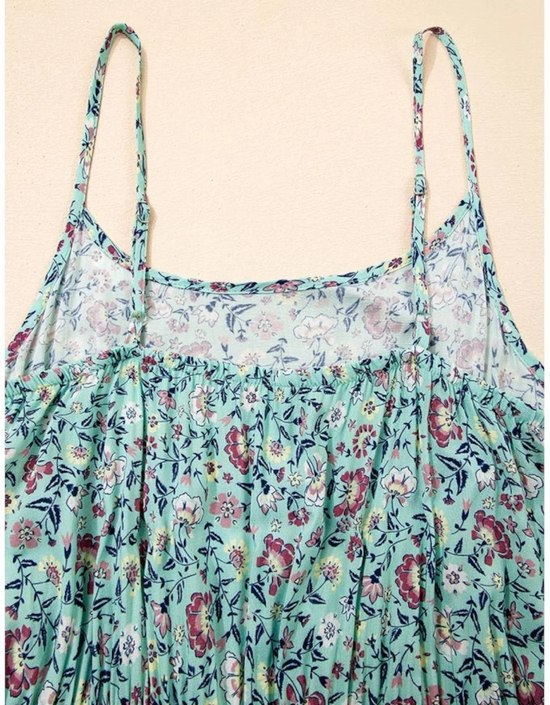 Green Bohemian Floral Ruffle Bottom Spaghetti Strap Jumpsuit