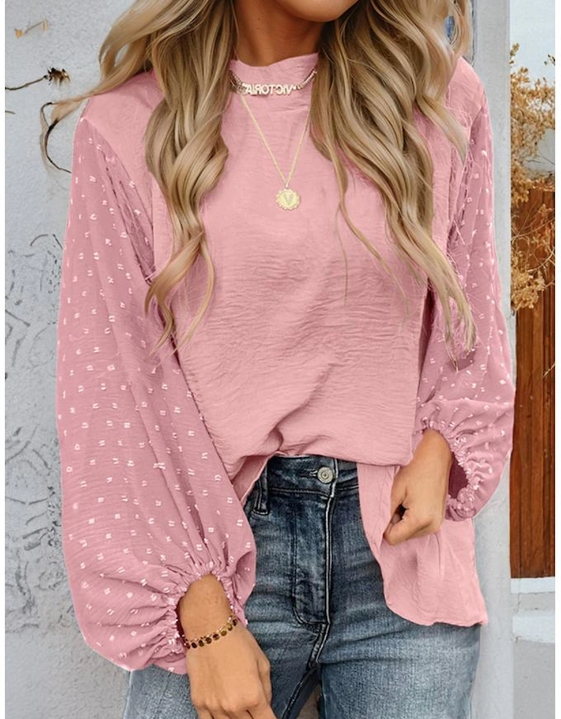 Gossamer Pink Swiss Dot Balloon Sleeve Loose Blouse