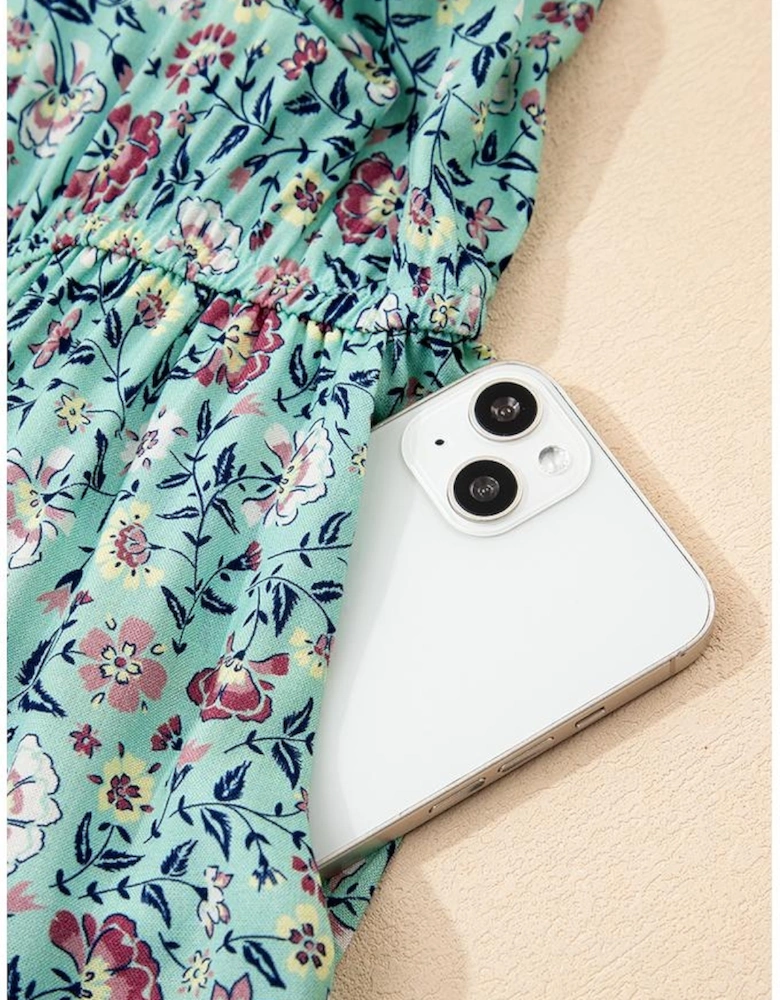 Green Bohemian Floral Ruffle Bottom Spaghetti Strap Jumpsuit