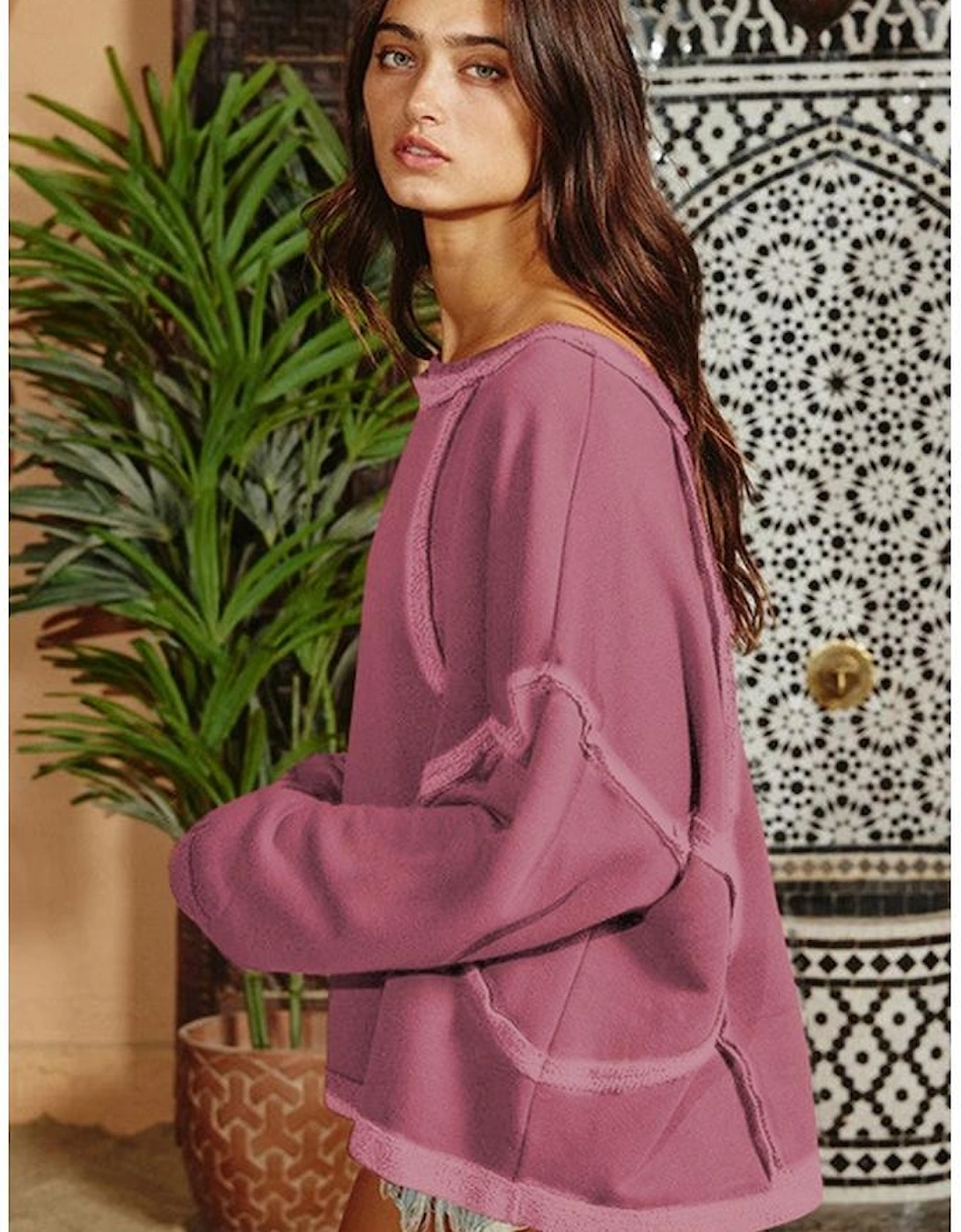 Azura Exchange Exposed Seam Drop Shoulder Raw Hem Oversized Sweatshirt