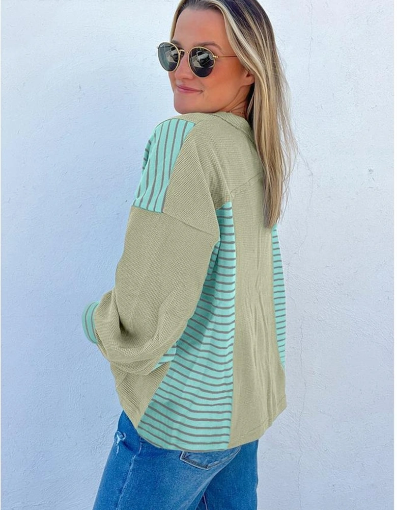 Meadow Mist Green Exposed Seam Waffle Striped Patchwork Baggy Pullover