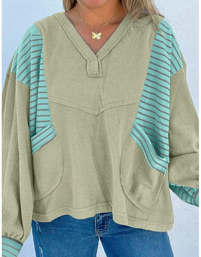 Meadow Mist Green Exposed Seam Waffle Striped Patchwork Baggy Pullover