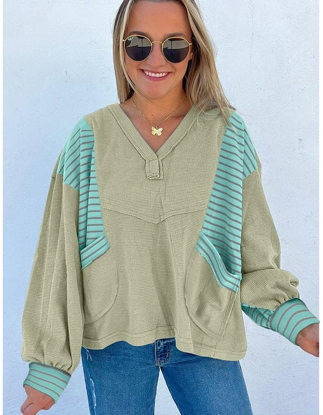 Meadow Mist Green Exposed Seam Waffle Striped Patchwork Baggy Pullover