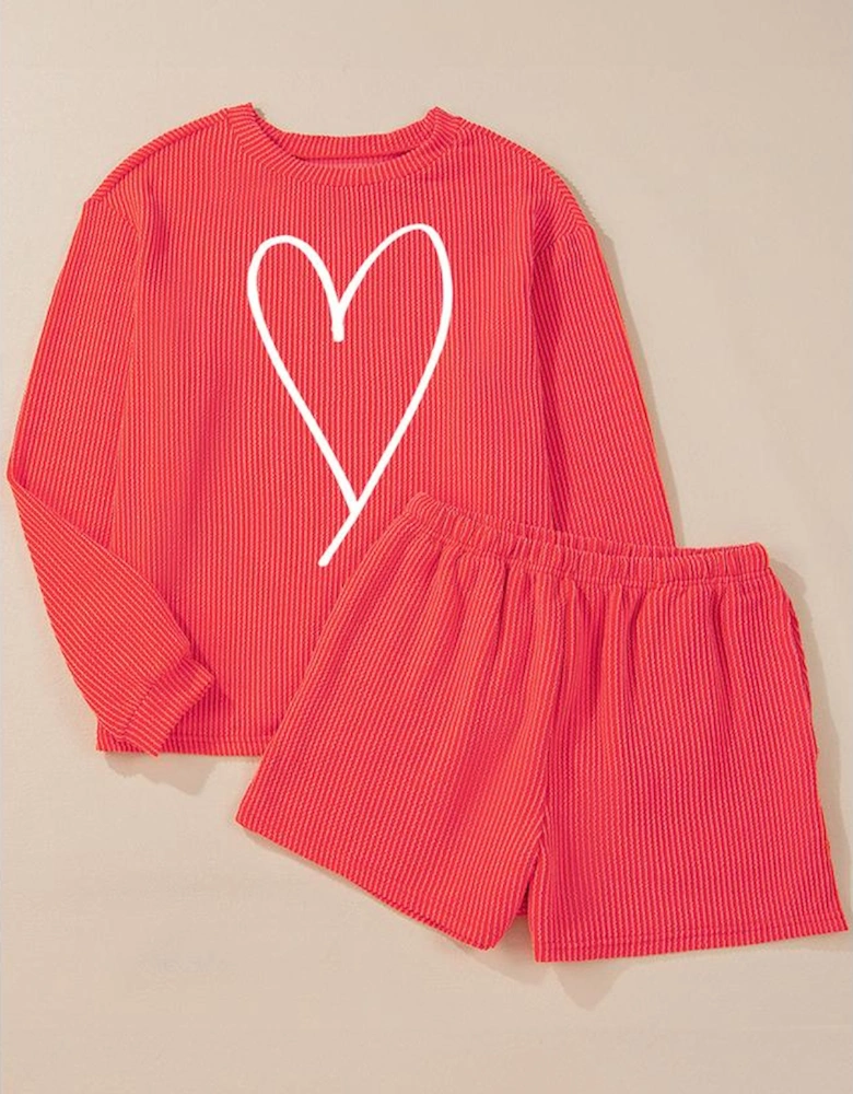 Gold Flame Heart Shape Graphic Corded Pullover and Shorts Outfit