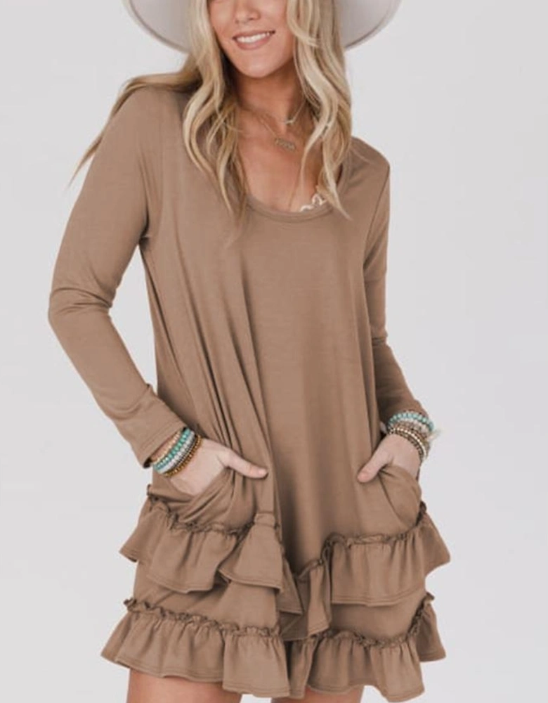 Goat Scoop Neck Tiered Ruffled Hem Long Sleeve Mini Dress