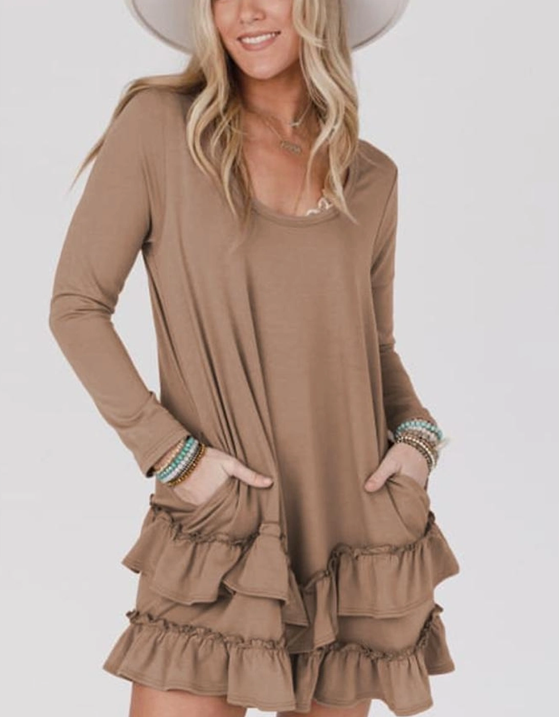 Goat Scoop Neck Tiered Ruffled Hem Long Sleeve Mini Dress