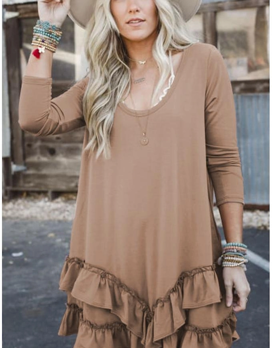 Goat Scoop Neck Tiered Ruffled Hem Long Sleeve Mini Dress