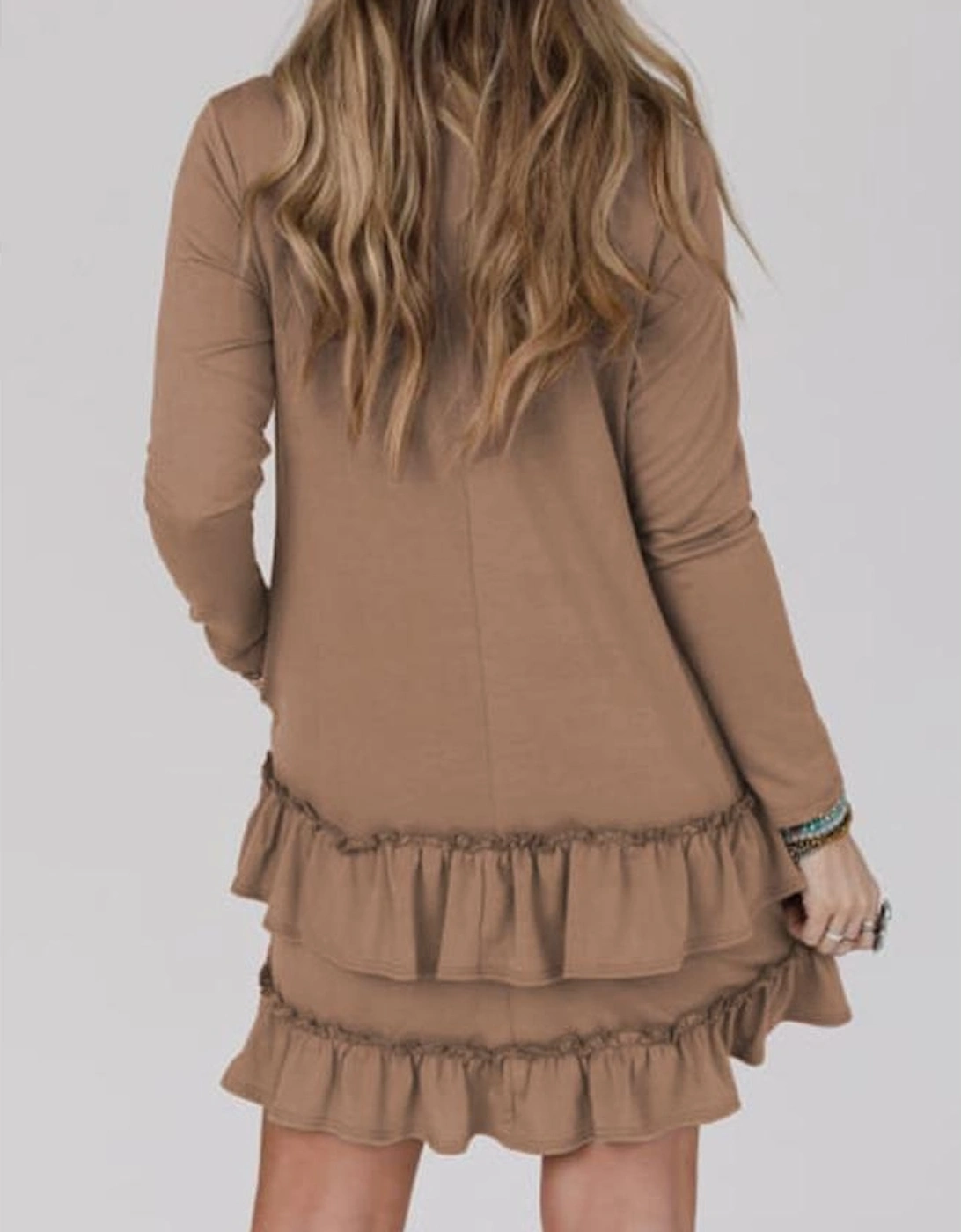 Goat Scoop Neck Tiered Ruffled Hem Long Sleeve Mini Dress
