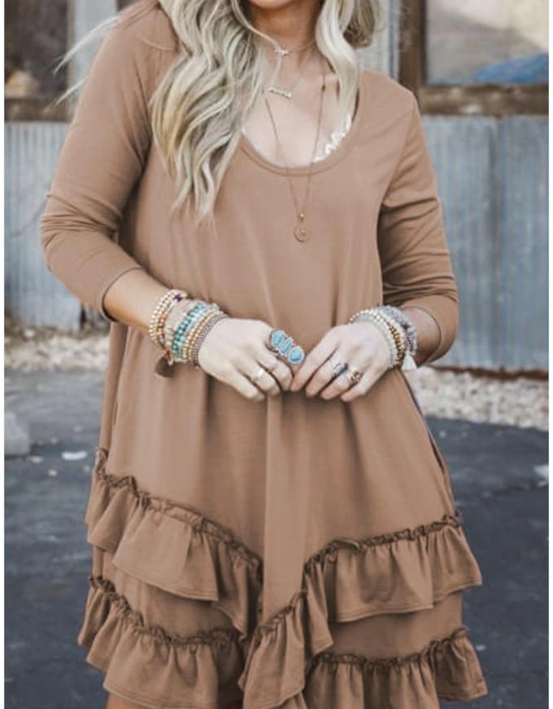 Goat Scoop Neck Tiered Ruffled Hem Long Sleeve Mini Dress