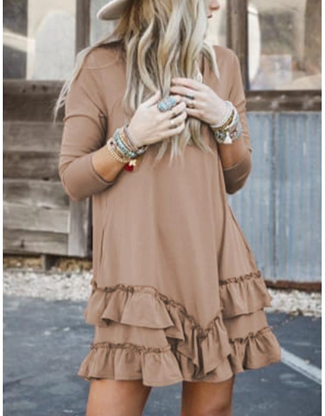Goat Scoop Neck Tiered Ruffled Hem Long Sleeve Mini Dress