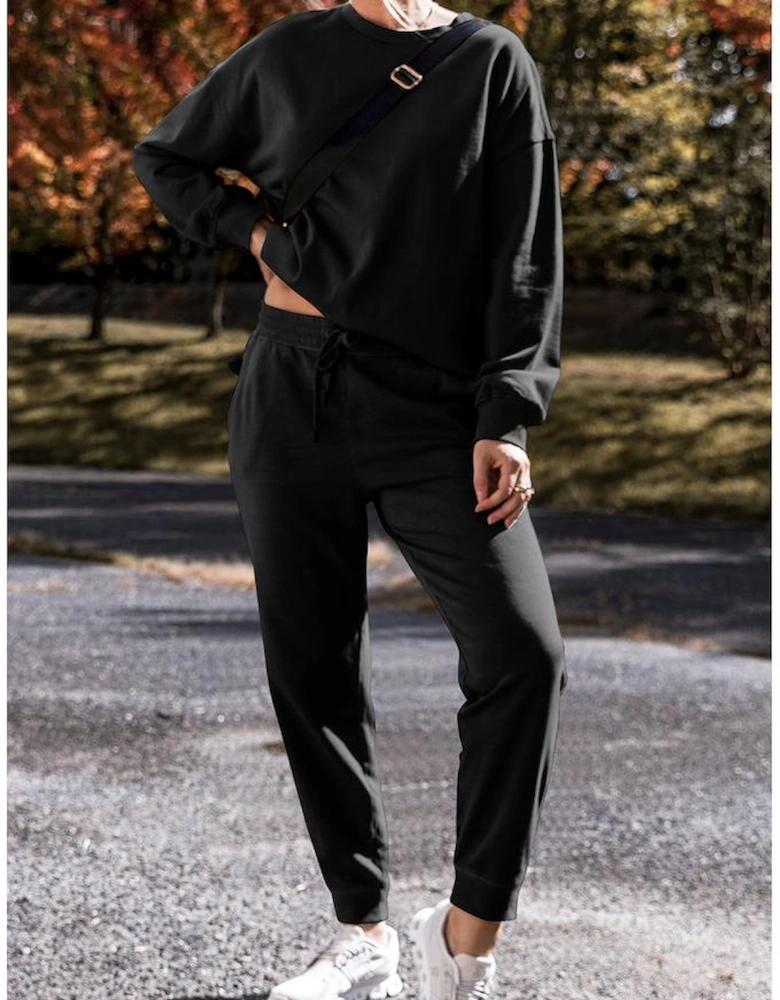 Black Solid Color High Low Pullover and Skinny Pants Set
