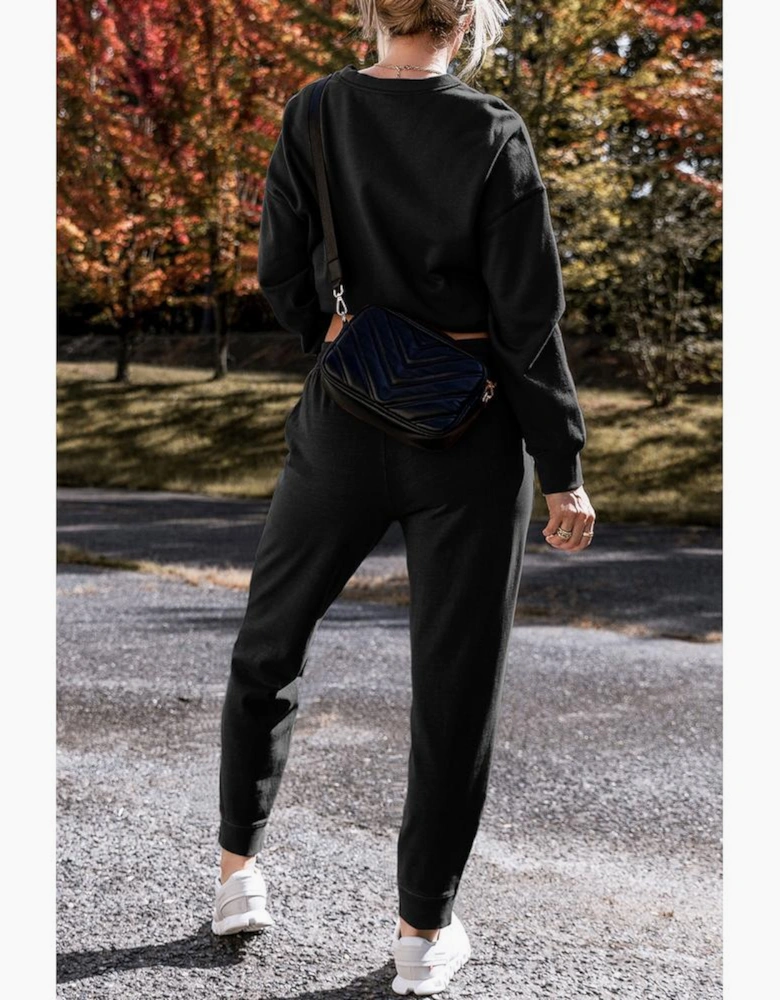 Black Solid Color High Low Pullover and Skinny Pants Set