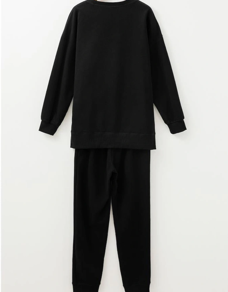 Black Solid Color High Low Pullover and Skinny Pants Set