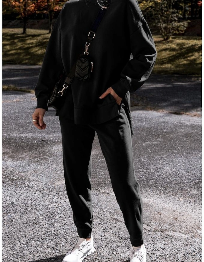 Black Solid Color High Low Pullover and Skinny Pants Set