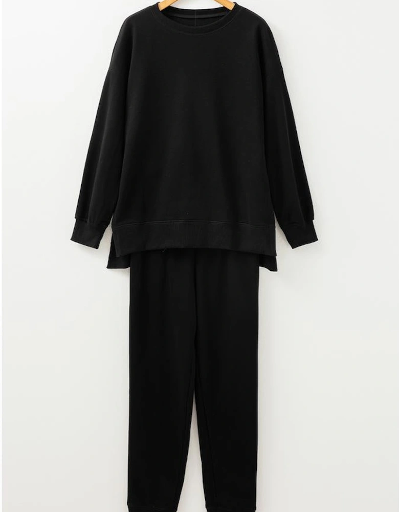 Black Solid Color High Low Pullover and Skinny Pants Set