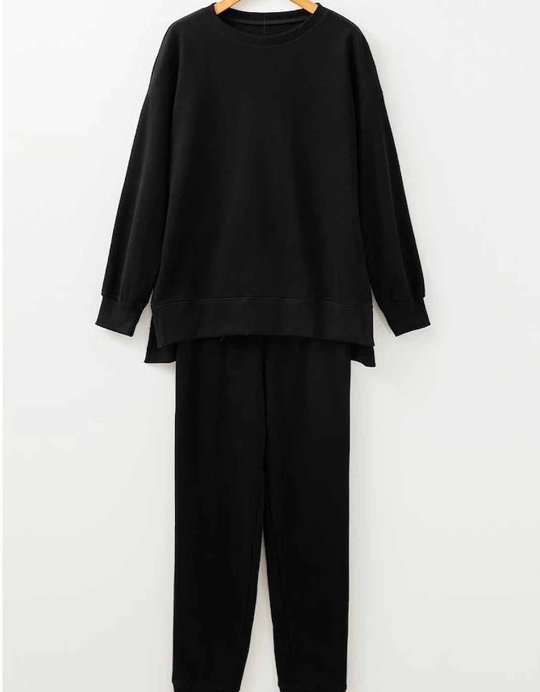 Black Solid Color High Low Pullover and Skinny Pants Set