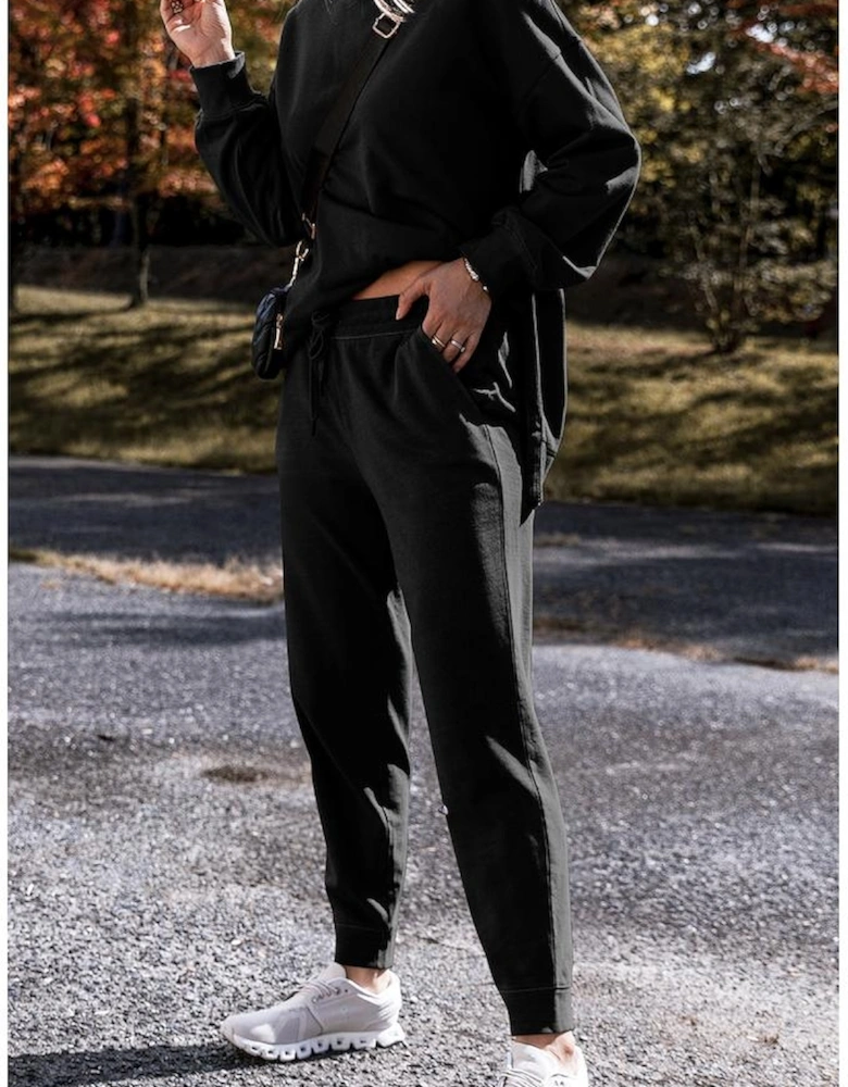 Black Solid Color High Low Pullover and Skinny Pants Set