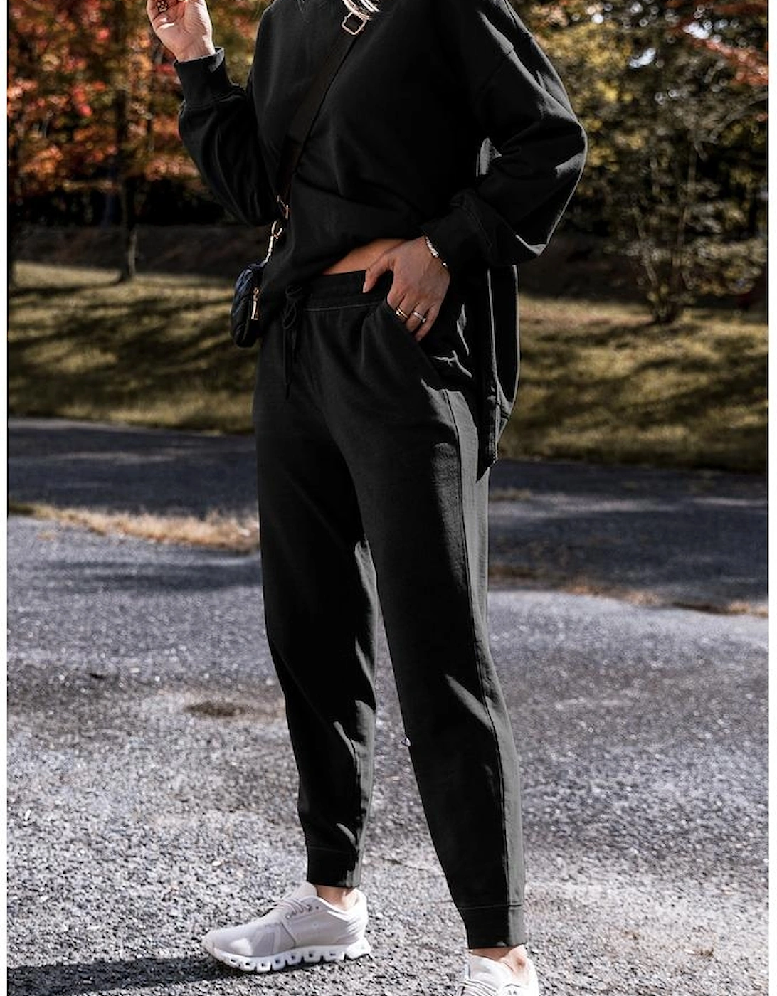 Black Solid Color High Low Pullover and Skinny Pants Set