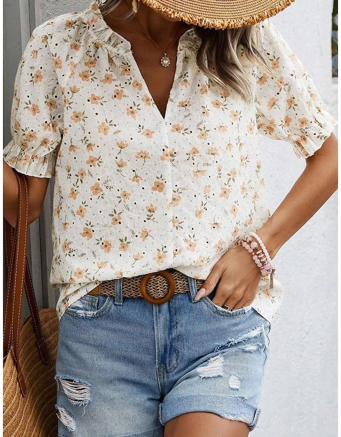 White Floral Eyelet Embroidered Puff Sleeve Notch V Neck Blouse