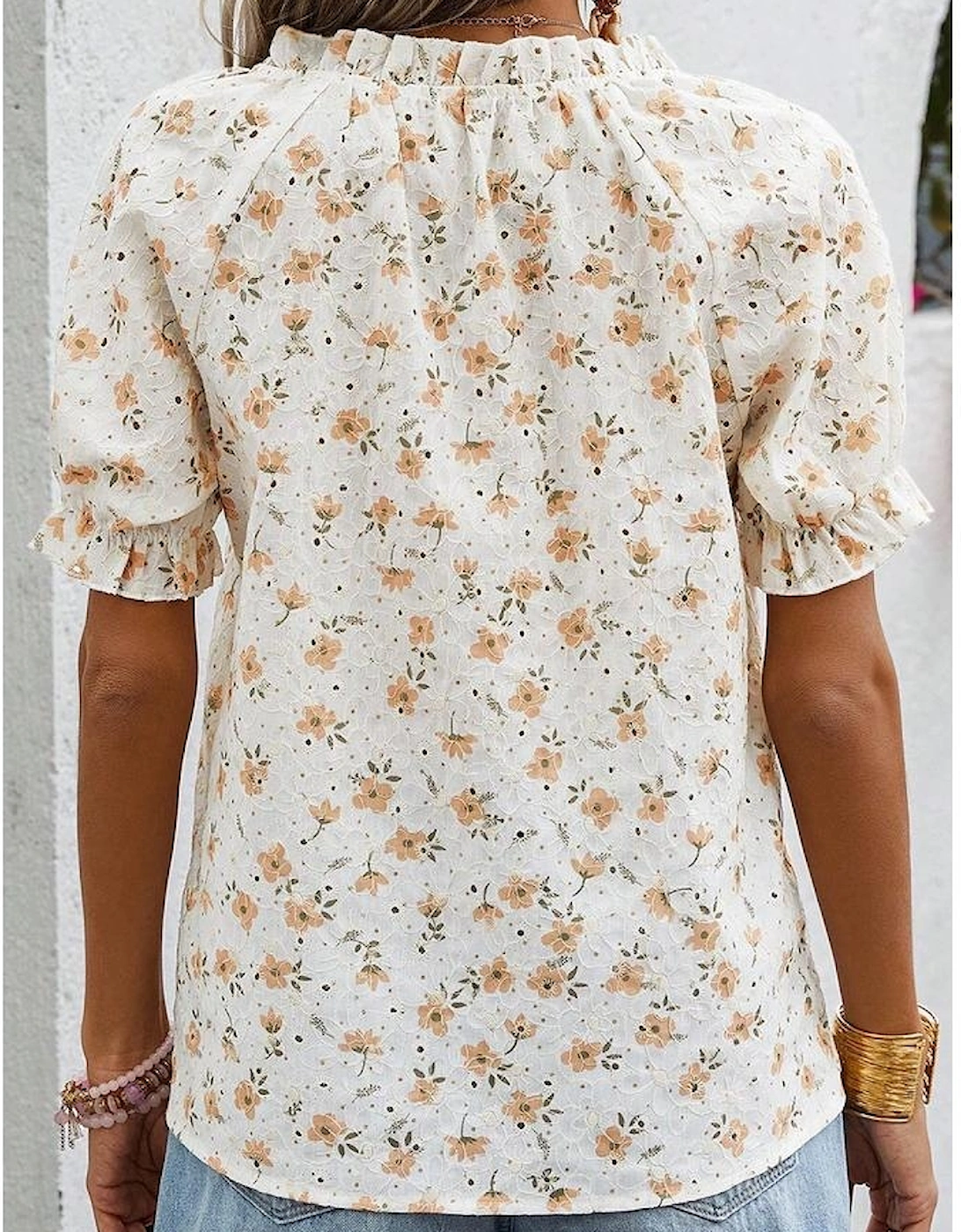 White Floral Eyelet Embroidered Puff Sleeve Notch V Neck Blouse, 13 of 12