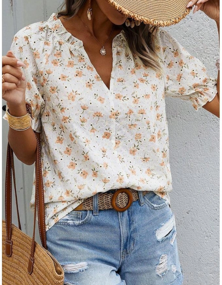 White Floral Eyelet Embroidered Puff Sleeve Notch V Neck Blouse