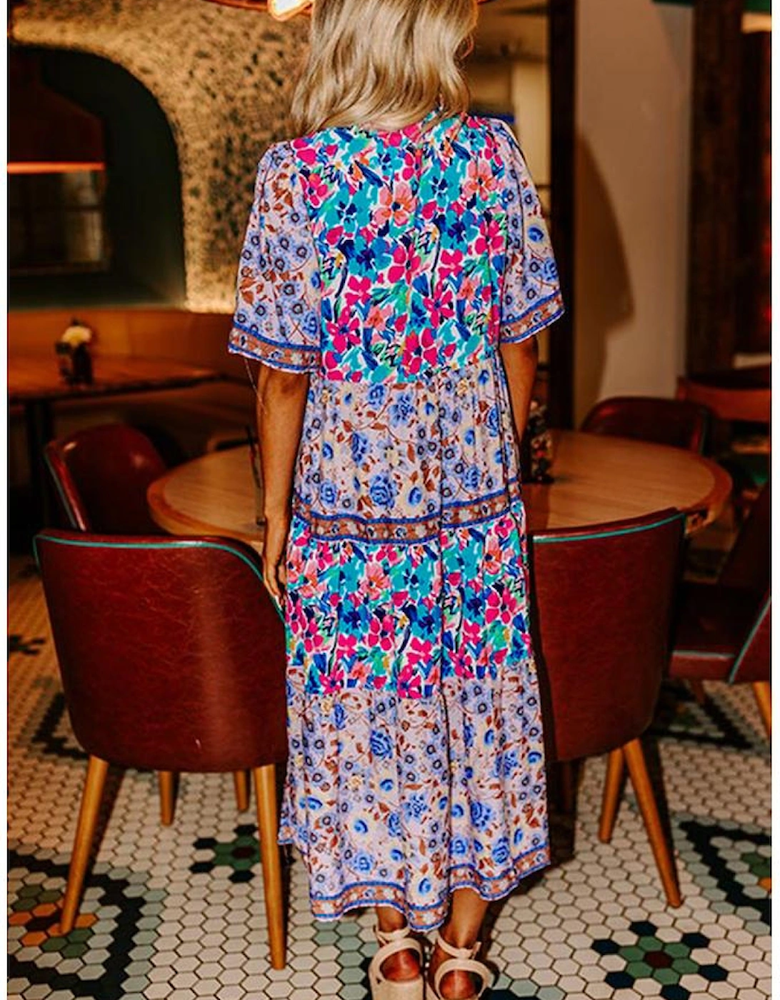 Sky Blue Mixed Floral Print Tie Split Neck Short Sleeve Dress, 16 of 15