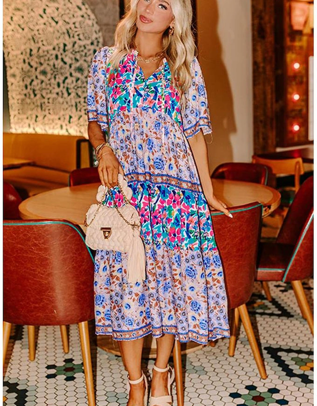 Sky Blue Mixed Floral Print Tie Split Neck Short Sleeve Dress