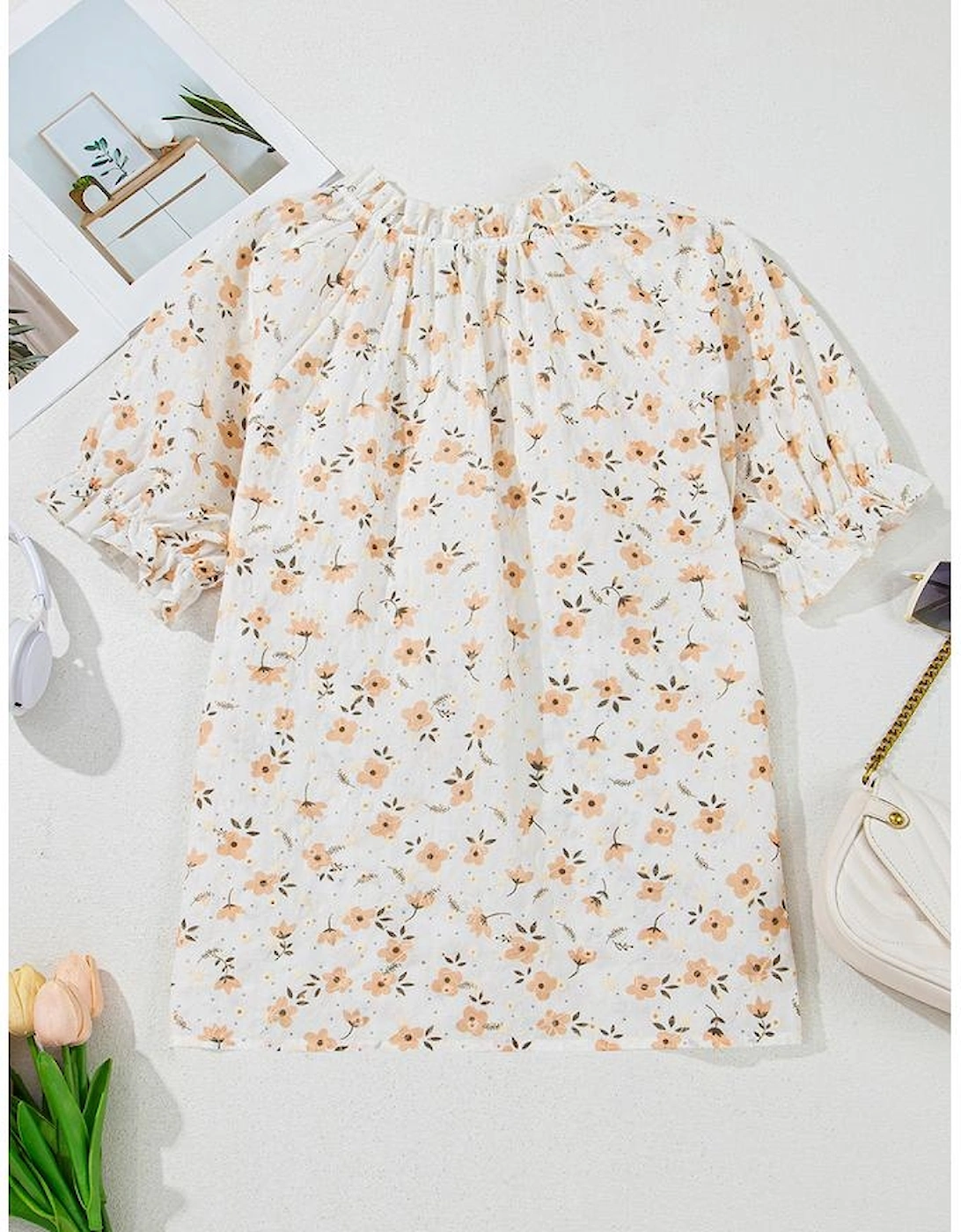 White Floral Eyelet Embroidered Puff Sleeve Notch V Neck Blouse