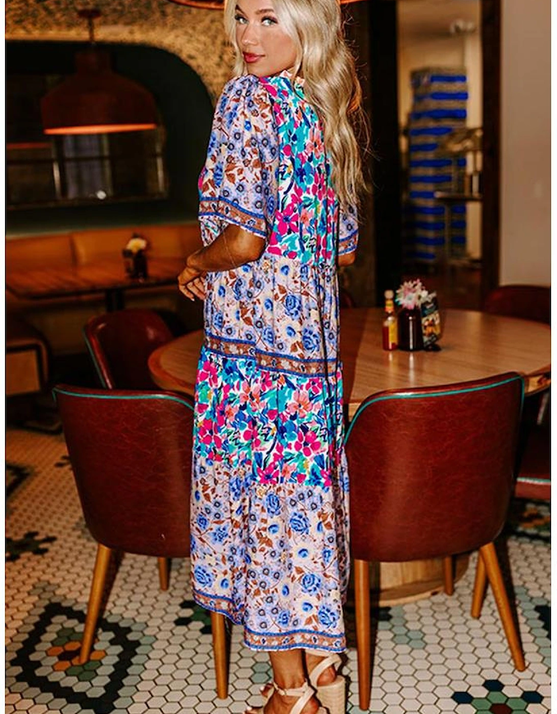 Sky Blue Mixed Floral Print Tie Split Neck Short Sleeve Dress