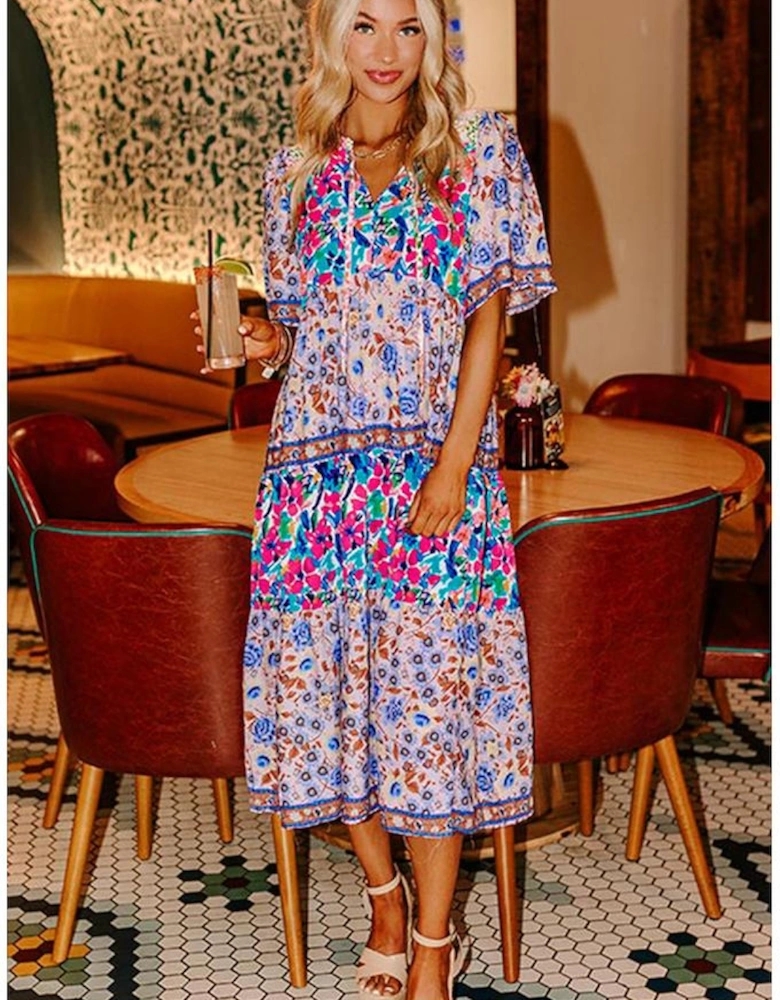 Sky Blue Mixed Floral Print Tie Split Neck Short Sleeve Dress