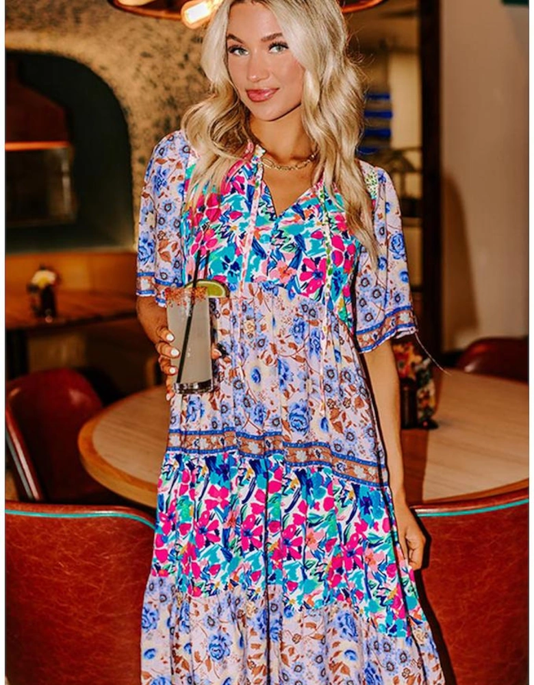Sky Blue Mixed Floral Print Tie Split Neck Short Sleeve Dress