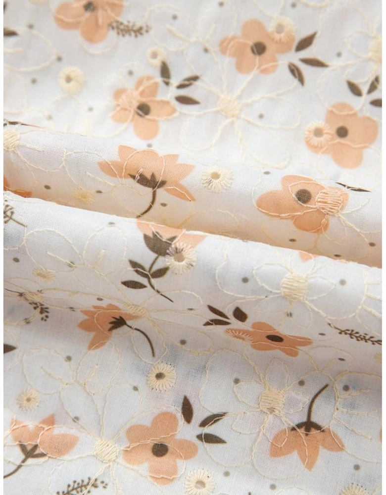 White Floral Eyelet Embroidered Puff Sleeve Notch V Neck Blouse