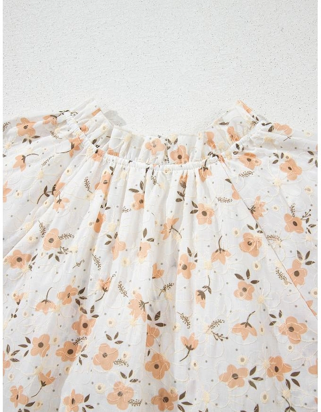 White Floral Eyelet Embroidered Puff Sleeve Notch V Neck Blouse